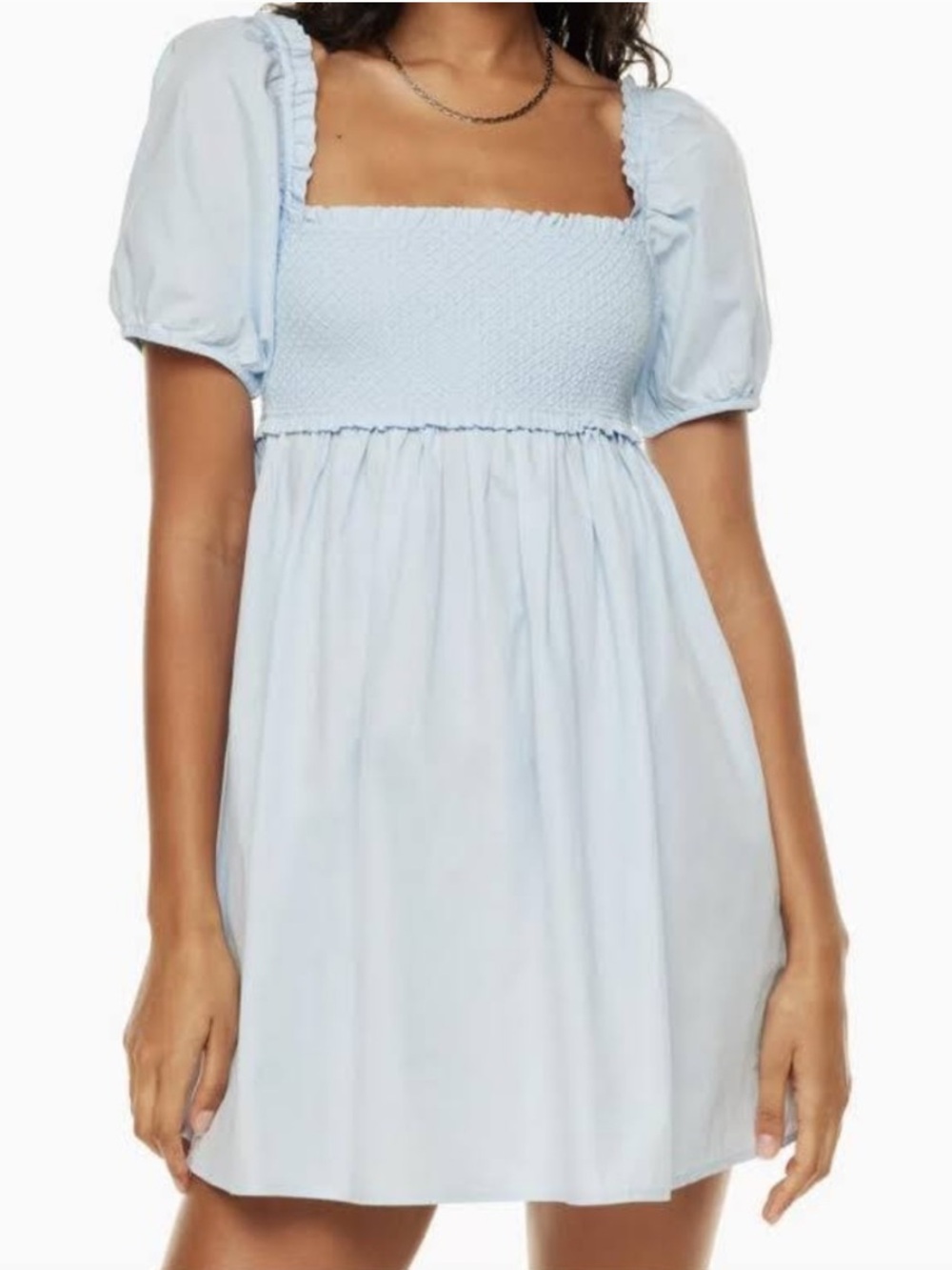 Aritzia Sunday Best Hadley Light Blue Smocked poplin Babydoll Puff Sleeve Dress